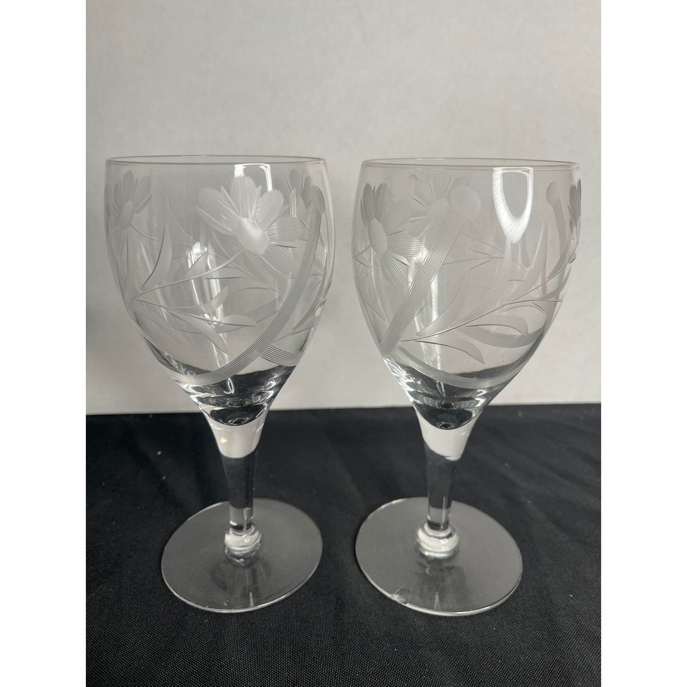 Vintage Etched Floral Glass Wine Goblets Stemmed Clear Set of 2 Floral Leaf 7in